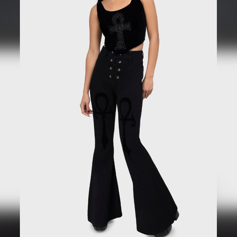 Killstar Black Flare Pants with Ankh Design